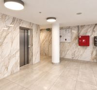 Entrance hall with marble walls, mailboxes, and an elevator in a 2-room apartment.