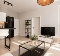 A bright living room in a two-room apartment with wood-patterned flooring, white cabinets, and a sofa.