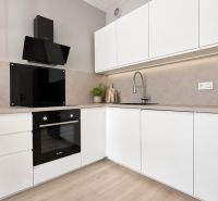 A kitchen in a 2-room apartment with white cabinets and a wood-patterned floor.