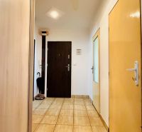 Hallway in a 3-room apartment with tiles, doors, and a built-in wardrobe.