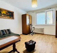 A room in a 3-room apartment with a wooden decor floor, vintage furniture, and a painting on the wall.