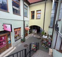 The stairs lead to commercial premises in the historic center of Topoľčany, surrounded by shops.