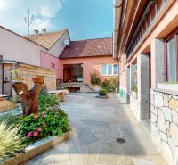 The courtyard at the family house on M. R. Štefánika Street in Holíč with flowers and paving.