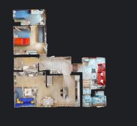 Floor plan of a family house with furniture and flooring with a wood decor.