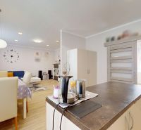 Interior of a family house with a kitchen counter, table, and sofa; floor with wood decor.