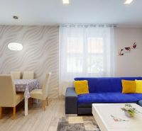 Living room in a family house with wood-patterned flooring and colorful accessories.