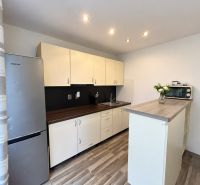 A kitchen with a wood-patterned floor, light cabinets, and a refrigerator in a studio apartment.