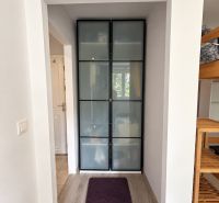 A narrow hallway with a wooden decor floor and a built-in wardrobe in a studio apartment.