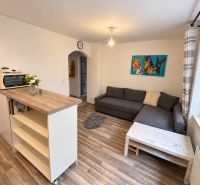 Living room in a one-bedroom apartment with a wooden decor floor and a comfortable sofa.