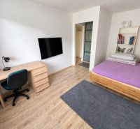 Interior of a 1-room apartment with a table, television, and bed, floor with wooden decor.