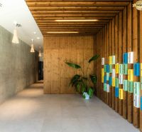 Interior with decorative elements and colorful mailboxes, Apartment construction.