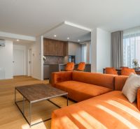 Living room with an orange sofa, kitchen, and wooden decor flooring in the apartment construction project.