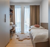A minimalist room with a bed, a desk, and a wooden floor decor. Apartment construction.