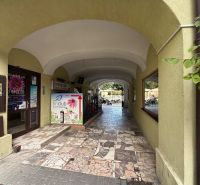 An arched underpass leading to the dining areas in Topoľčany with stone paving.