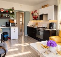 Kitchen and living room in a family house with a wooden decor floor.