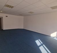 The office room with a blue carpet and white walls, suitable for furnishing.
