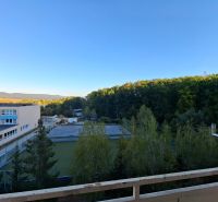 View from a one-room apartment on Školská Street in Kanianka with forests and a school.