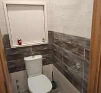 A bathroom in a studio apartment with a toilet, tiled in darker tones.