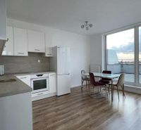 Kitchen and dining area in a 2-room apartment with a wooden decor floor and a terrace.