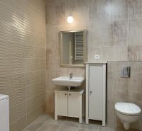 Bathroom in a 2-room apartment with tiles and white sanitary equipment.