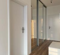 Entrance hallway of a 2-room apartment with a wooden decor floor and a mirrored wardrobe.