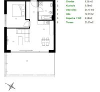 Floor plan of a 2-room apartment with a terrace and a kitchen connected to the living room.