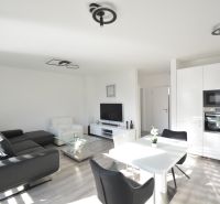 Living room with a kitchen, black sofa, and wooden decor flooring in a three-room apartment.