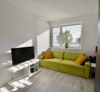 Living room with a green sofa, television, and wooden decor flooring in a 3-room apartment.
