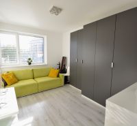 A bright living space in a 3-room apartment with a wooden decor floor and a wardrobe.