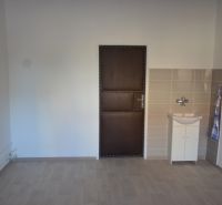 Interior of an office with wood-patterned flooring and a sink.