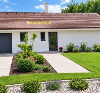 A family house in Ratnovce with a well-maintained garden and a garage, surrounded by greenery.