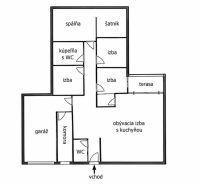The floor plan of the family house includes a garage, bedrooms, bathrooms, a terrace, and a living room with a kitchen.