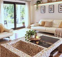 Living room in a family house with light sofas, plants, and large windows.