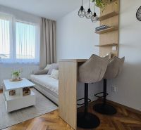 Studio apartment with a sofa, table, bar stools, and a wooden decor floor.