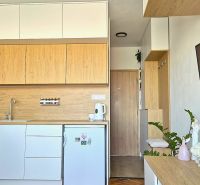 The kitchen part of a studio apartment with white and wooden cabinets, a television, and decorations.