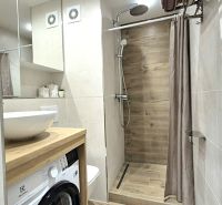 A bathroom in a studio apartment with a wooden decor floor, a shower, and a washing machine.