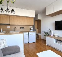 A studio apartment with a wood-patterned floor, kitchen, television, and modern lighting.