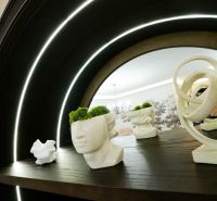 Decorative figurines in commercial spaces with wood-patterned flooring and lighting.