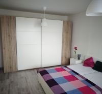 A bedroom with a wooden decor floor in a studio apartment, a wardrobe, and a bed.