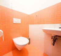 A bathroom in a 3-room apartment with orange tiles and a wall-hung toilet.