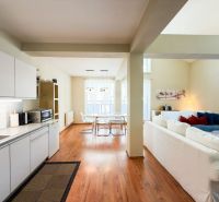 Kitchen and living room with wood-patterned flooring in a 3-room apartment.