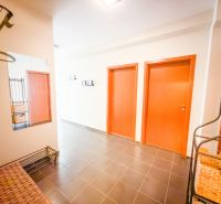 A hallway in a 3-room apartment with a mirror, black tiles, and wooden doors.
