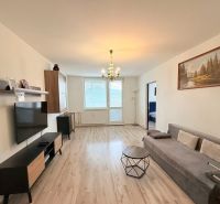 Living room in a three-room apartment with a wood-patterned floor, a television, and a sofa.