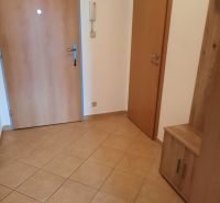 Entrance hallway in a 2-room apartment with tiles and wooden doors.