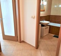 A hallway with tiles and a view of the bathroom in a 2-room apartment.