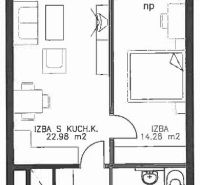 Floor plan of a 2-room apartment with a kitchen, bathroom, pantry, and hall.