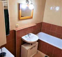 Bathroom with a sink, bathtub, and cabinet in a 2-room apartment.