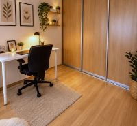 A workspace in a 2-room apartment with a wooden decor floor and minimalist decoration.