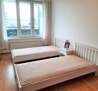 A bedroom with two beds, a nightstand, and a wooden decor floor in a two-room apartment.