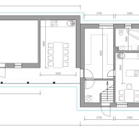 Floor plan of a family house showing the layout of rooms and furniture in Komárno.